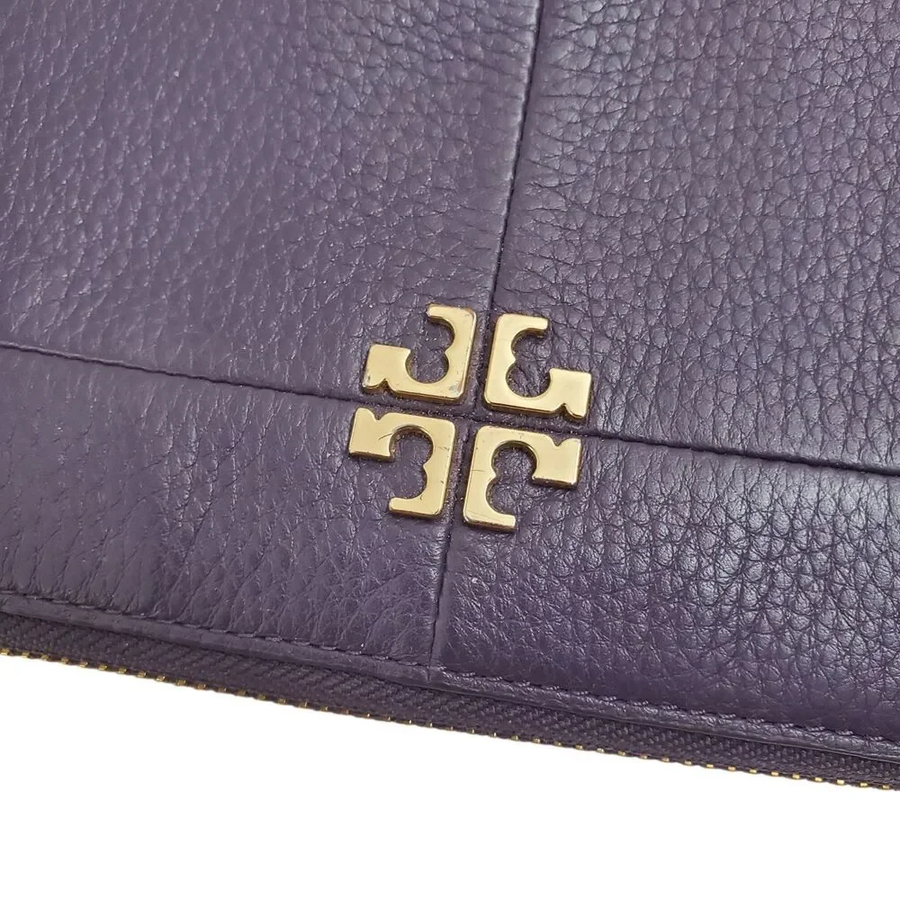 TORY BURCH Wallet Blue Pebble Leather Zip Around Envelope Gold Logo Boho